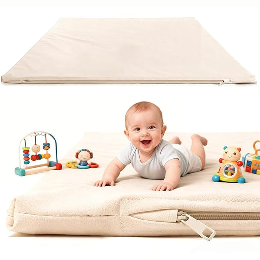 FONESO 50“x50” Waterproof Baby Play Mat, 1.2" Thick Memory Foam Vegan Leather Playpen Mat, Soft Cushioned Wipe-Clean Crawling Mat for Infants Toddlers Tummy Time (Beige)