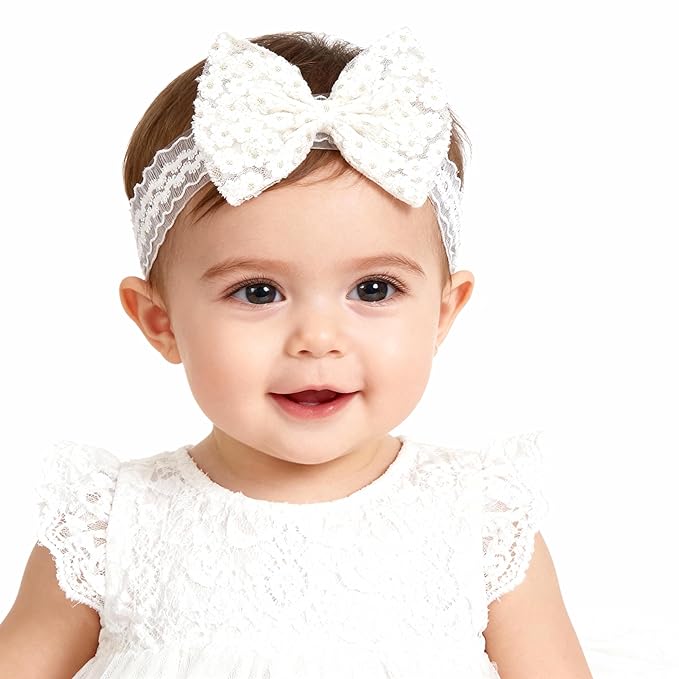 Baby Girls Bow Lace Headband Cute Soft Hairband White Butterfly Knot Headbands for Newborn Infants Toddlers Kids Christening Baptism Birthday Party Hair Accessories（White flower bow）