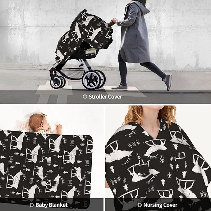 Personalized Deer and Trees Baby Infant Car Seats Canopy for Babies with Name, Custom Lightweight Covers for Baby Boys Girls, Minky Nursing Breastfeeding Stroller Cover Canopies for Newborn