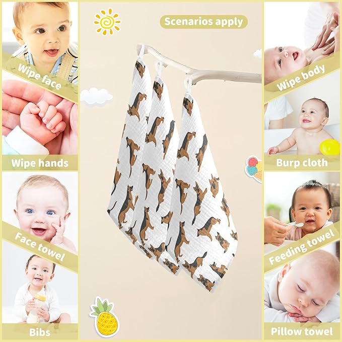 vvfelixl Baby Cotton Washcloths German Shepherd Dogs Infants Bath Towel for Unisex Face Towels for Newborn, Natural Baby Wipes Delicate Skin, 11.8 X 11.8 inch, one sizex3