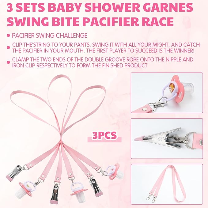 Threehoney 6 Sets Baby Shower Games Pacifiers Necklace and One Handed Wooden Clamp Hanger Game Bridal Shower for Gender Reveal Party Favors Funny Activities Parties(Pink)