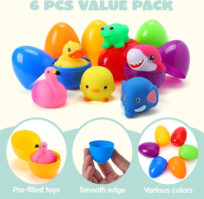 JOYIN 6 Pcs Prefilled Easter Eggs with Floating Animal Light-up Bath Toys, Luminous Bathtub Toys for Kids Easter Eggs Hunt, Toddler Party Favor, Basket Stuffers Filler, Classroom Prize Supplies