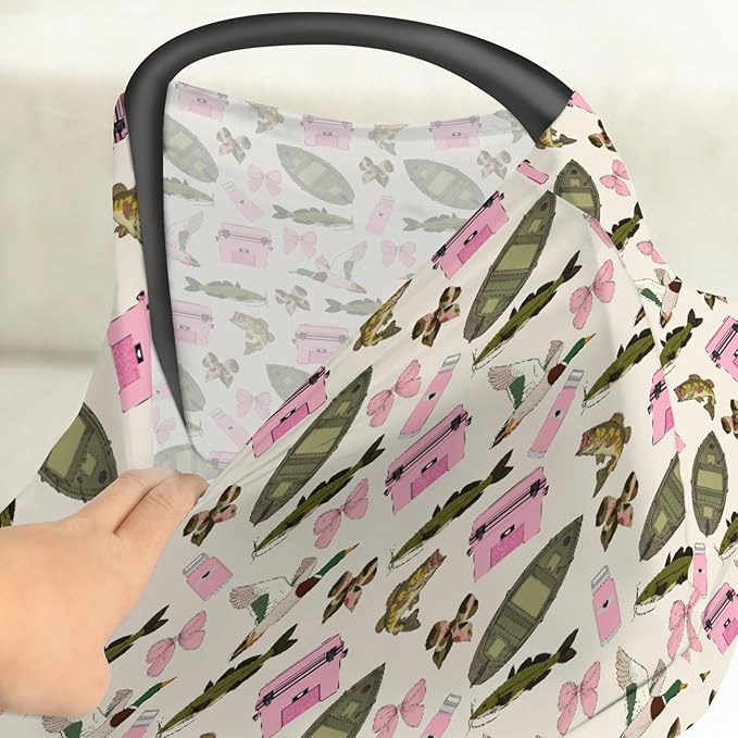 Pink Fishing Hunting Girly Baby Car Seat Covers Boats Bass Fish Duck Bows Stretchy 5-in-1 Cover Adjustable Car Canopy Cover Summer Lake Country Fishing Breathable Nursing Cover-Up
