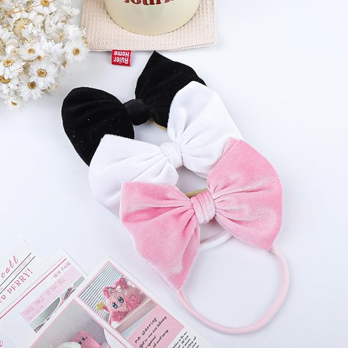 YanJie Newborn Velvet Nylon Soft Elastics Bows Hairbands and Hair Accessories for Infants, Toddlers, Child (Black White Pink)
