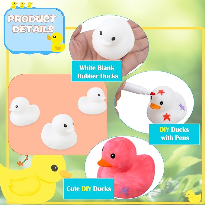 36 Pcs 2 Inch White Blank Rubber Ducks DIY Ducks Bulk Float Bath Toy Squeaky Duckies with Pens of 12 Colors for Baby Gifts Birthday Pool Activity Supplies