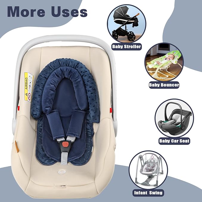 Infant Car Seat Insert, Baby Car Seat Head & Body Support with Straps Pads, Soft Newborn Preemie Carseat Insert Cushion for Girls Boys, Fits Car Seat, Stroller, Swing, Bouncer, Dark Blue
