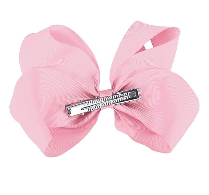 DEEKA 2 PCS 6" Big Hand-made Grosgrain Ribbon Solid Color Hair Bows Alligator Clips Hair Accessories for Little Teen Toddler Girls Kids Set of 2 -Light Pink