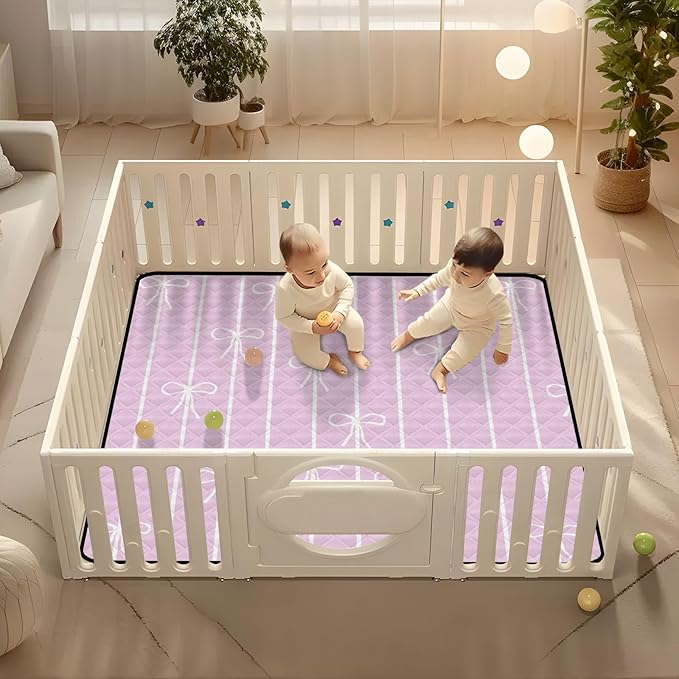 Baby Play Mat Pink White Bows and Stripes 50 x 50 Playpen Mat Baby Play Mats for Floor Play Gym Crawling Mat Non-Slip Cushioned Baby Playmat for Infants, Babies, Toddlers