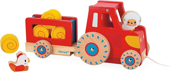 Janod Wooden Pull-Along Tractor Toy with Removable Trailer, Hen, Sheep & 4 Hay Bales – Quiet-Wheel Farm Playset & Walking Aid – Ages 12 Months+ - J03317