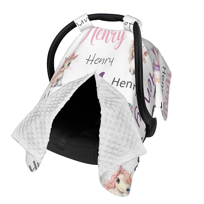 Personalized Baby Car Seat Cover Custom Name CarSeat Canopy Customized Horse Newborn Nursing Breastfeeding Cover Minky Baby Blanket Infant Car Seat Canopies for Baby Girls Boys