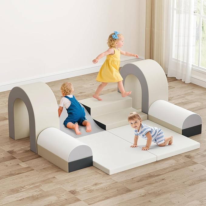 Olakids Toddler Climbing Toys Indoor, 10 Pieces Baby Foam Blocks Soft Play Set with PU Leather, Kids Climb Crawling Activity Gym Playground for 1+ Years (Gray)