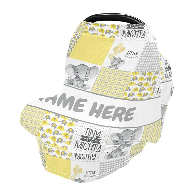 Personalized Cute Elephant Yellow Baby Car Seat Cover for Babies with Name, Custom Baby Car Seats Canopy for Boys Girls, Nursing Breastfeeding Stroller Covers Infant Car Seat Blanket for Newborn