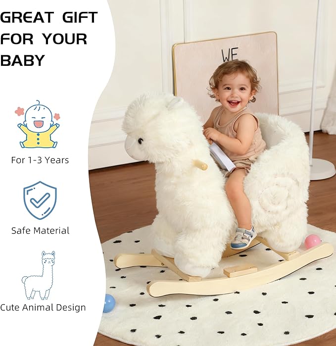 Alpaca Baby Rocking Horse for Toddlers 1 Years to 3 Years, Stuffed Plush Ride-on Rocking Animal with Realistic Sound and Music, Wooden Rocking Horse with Seat, Cream Alpaca, CPC Certified