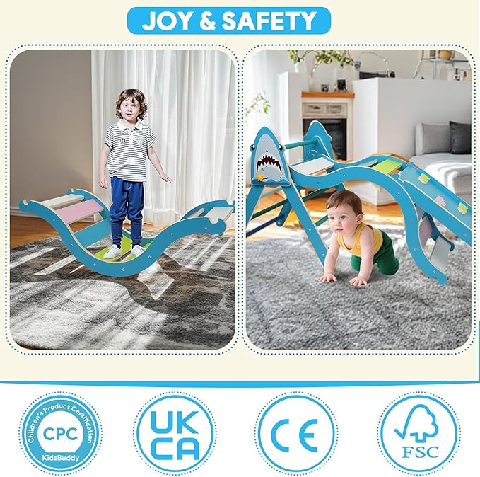 Pikler Triangle Set with Cushion 9 in 1, Climbing Toys for Toddlers 1-3, Montessori Indoor Baby Playground for Safe Motor Skills Development (Blue-Shark-Set)