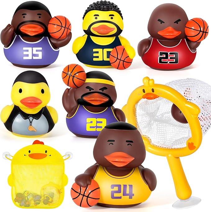 No Hole Bath Toys for Kids Ages 1-3, Sealed Bath Toys Design Keeps Water Out, Basketball Rubber Duck, Baby & Toddler Bathtub Toys(with Storage and Net)