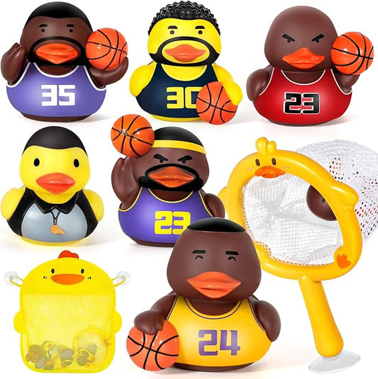 No Hole Bath Toys for Kids Ages 1-3, Sealed Bath Toys Design Keeps Water Out, Basketball Rubber Duck, Baby & Toddler Bathtub Toys(with Storage and Net)