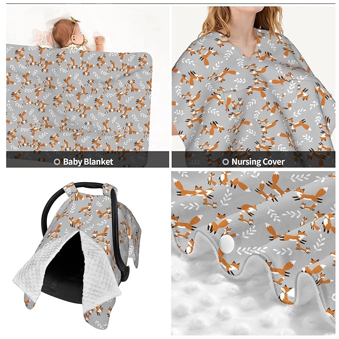 Cute Foxes Leaves Gray Baby Car Seat Canopy Nursing Cover for Newborn Car Seat Breastfeeding Covers Blanket Newborn Shower Gift
