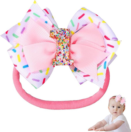 Baby Bow Headband, Cute Baby Hair Bow Elastic Hairband Bow Hair Accessories for Newborn Baby Girls Toddlers 1st First Birthday Party Decorations Photo Props (Ice Cream)