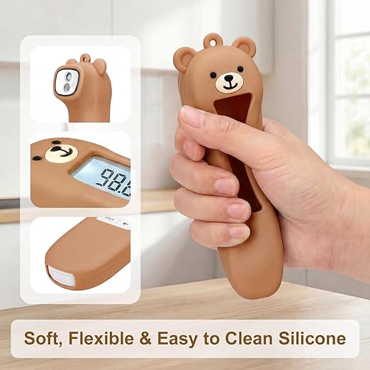 Cute Bear Silicone Thermometer Case Compatible with GoodBaby No-Touch Thermometer, Soft Anti-Drop Protective Cartoon Animal Cover Helps Calm Babies During Temperature Checks - Brown