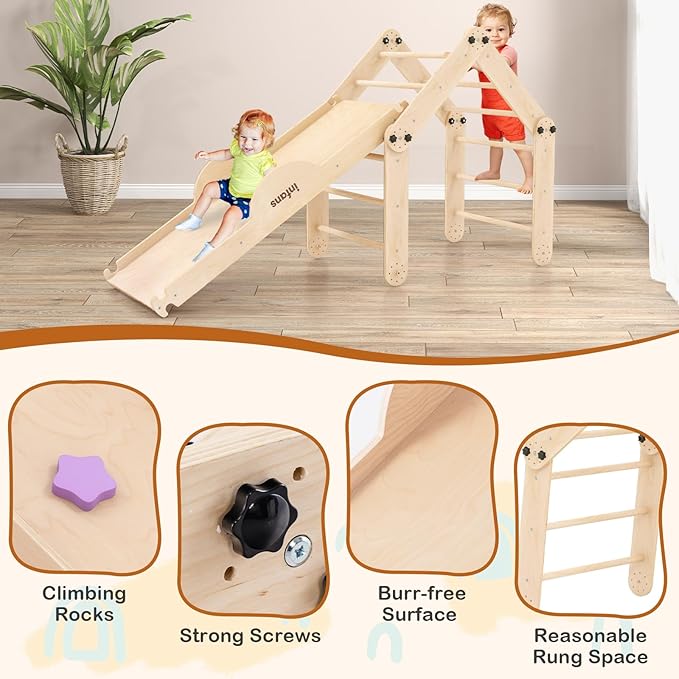 INFANS 12 in 1 Climbing Toys for Toddlers, Upgrade Wooden Montessori Foldable Triangle Climber Set with Reversible Ramp Slide Ladder Seesaw, Indoor Pikler Climb Activity Jungle for Kids Age 3+