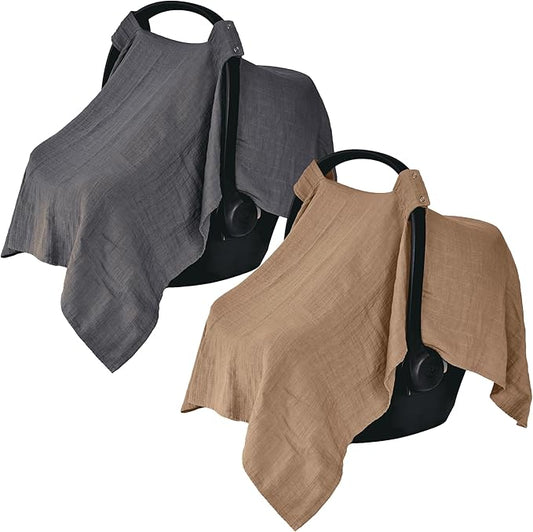 Car Seat Cover Baby - Organic Muslin Cotton - Carseat Canopy - 43" x 32" 2-Pack (Soft Grey/Natural)