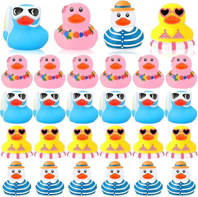 Honoson 48 Pcs Summer Beach Rubber Duckies Bulk Mini Rubber Duck Bath Toys Float Bathtub Ducky Cute Squeaky Ducky for Classroom Carnival Summer Birthday Baby Shower Party Favor (4 Colors)