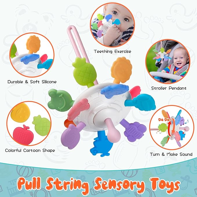 Wuzhineisn Montessori Baby Toys for Ages 6-18 Months - Pull String Teether, Stacking Blocks, Sensory Shapes Storage Bin, Infant Bath Time Fun, 4 in 1 Toddlers Toy Gifts for 1 2 3 Year Old Boys Girls