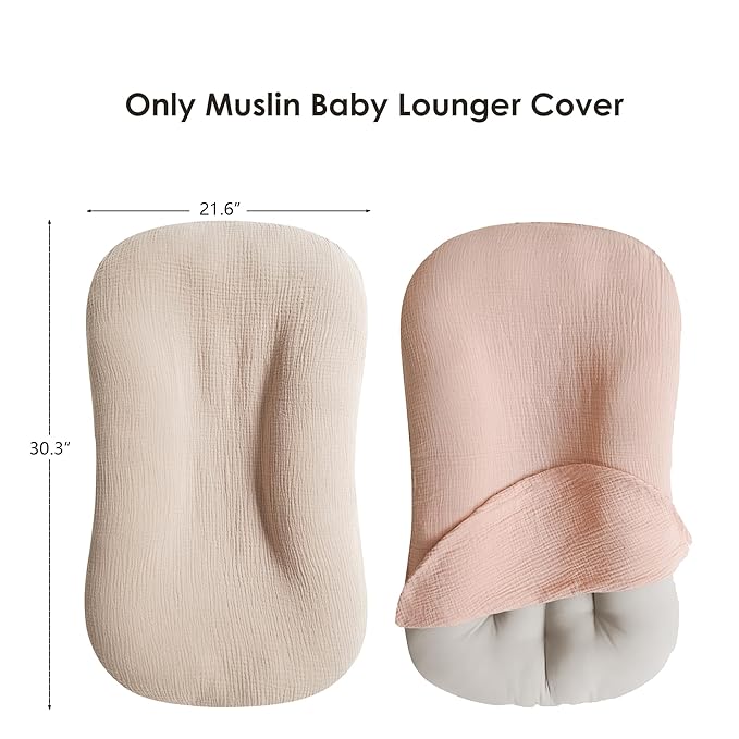 MairMore Muslin Baby Lounger Cover for Newborn & Infant, 100% Cotton Soft and Breathable Lounger Slipcover for Baby Girls and Boys, Pack of 2 (Pink, Ivory)