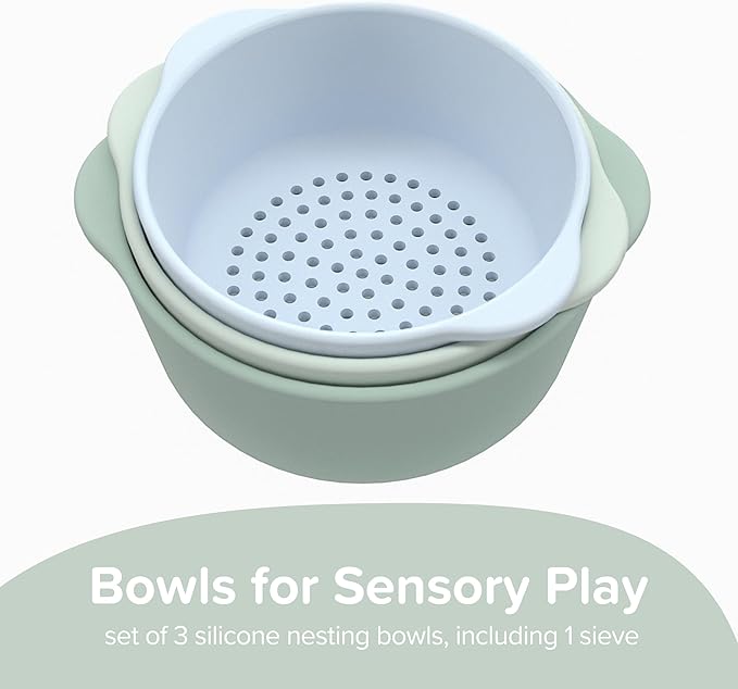 Inspire My Play - 3 x Nesting Bowls and Sieve - Perfect for Sensory PlayTray - Sensory Bin Accessories - Special Education Classroom Supplies - Montessori Education Toys - Green