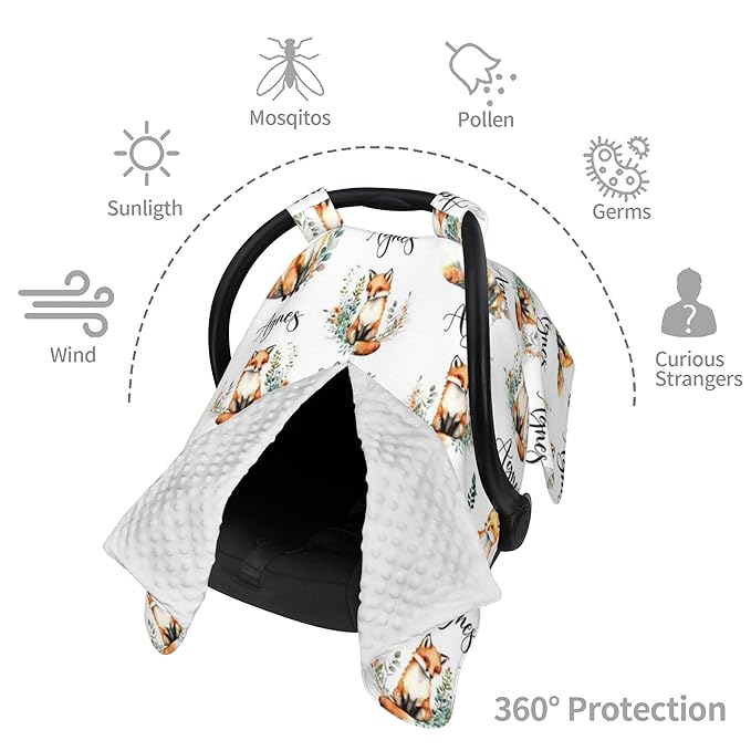 Personalized Winter Carseat Cover for Baby Custom Name Car Seat Canopy for Newborn Baby Boys Girls 2 in 1 Mom Nursing Breastfeeding Covers Fox Minky Baby Carrier Stroller Covers