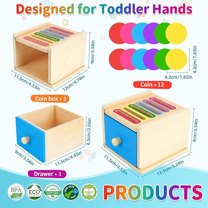 FCSONU Toddlers Montessori Coin Box Toys for 1 2 3 Year Old Boys Girls, Drawer Box Toy for Ages 2-4 Kids, Learning Color Sorting Sensory Toys, New Year Birthday for Baby 12-18 Months