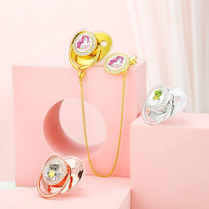 3 Pieces Sublimation Pacifier Set Name Custom Baby Bling Pacifier Clip Glitter Personalized Artificial Crystal Decoration for Girl Boys Baby with Blanks