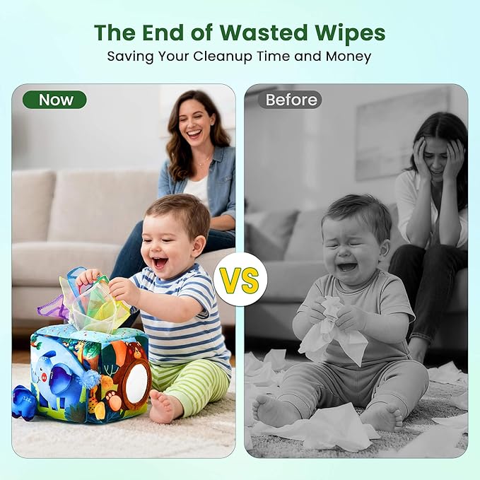 Baby Toys 6-12 Months - Baby Tissue Box Toy for 6 9 12 18 Months Old Montessori Sensory Toys for 1 Year Old Boy Infant Scarf Toy with Crinkle Tissues & Fine Motor Easter Basket Stuffers
