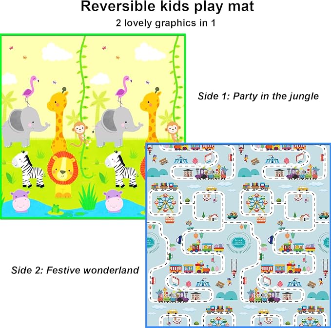 Extra Large 2 Graphics in 1 Foldable Baby Play Mat/Tummy Time Mat | 71”x59” Play Mat for Babies 0-6 months, 6-12 months, Kids and Toddlers | Ideal Baby Play Mats for Floor and Baby Play Gym