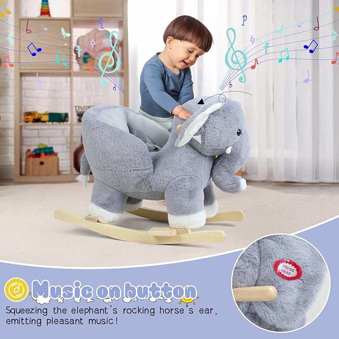 Baby Rocking Horse for Toddlers 1-3, with Music Sound, Elephant Shape, Stuffed Plush Ride-on Baby Rocker Chair with Wooden Base, Ergonomic Handle (Grey)