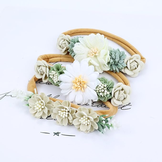 Dizila 6 Pieces Super Soft Stretchy Green Khaki White Baby Girl Nylon Bow Flower Headbands Floral Lace Headbands Hair Accessories for Newborns Infants Toddlers Girls Kids