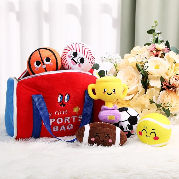 HyDren 7 Pcs My First Sports Bag Plush Toys Playset, Bulit-in Bell Sports Balls and Trophy for Kids Throwing Toys Gift for Boys Girls Early Education
