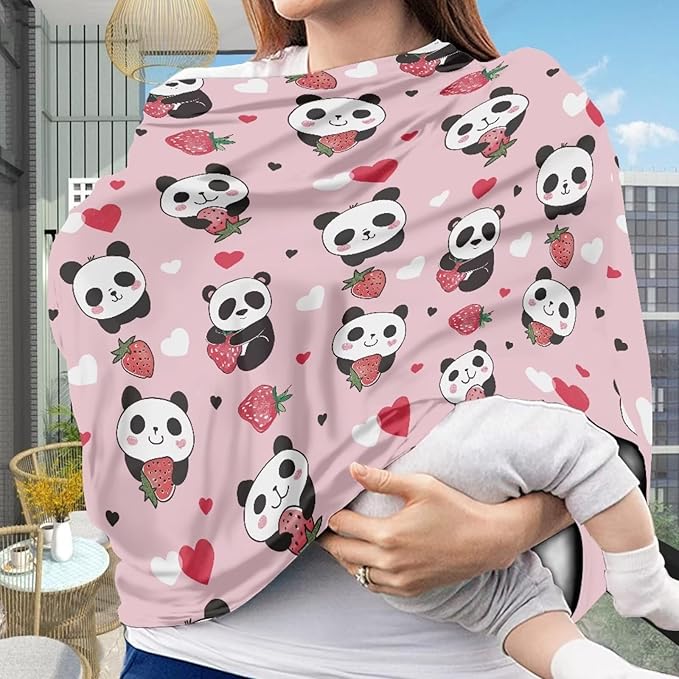 Forchrinse Cute Panda Strawberry Baby Car Seat Covers for Newborns,Soft and Stretchy Nursing Covers for Breastfeeding Mom