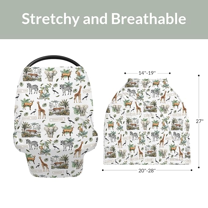 Safari Animals Adventure Car Seat Cover for Baby Elephant Leopard Giraffe Zebra Tropical Leaves Stretchy 5-in-1 Cover Adjustable Infant Carseat Cover Canopy African Animal Breathable Nursing Cover-Up