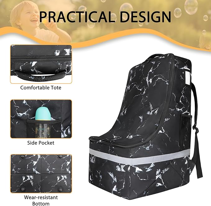 LARIPOP Car Seat Travel Bag for Airplane, Universal Gate Check Car Seat Bag, Padded Backpack with Waist Belt, Reflective Strips & Protective Feet, Fits Infant Convertible Booster Seats, Black