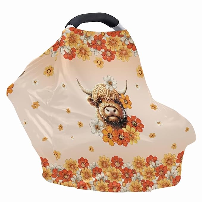 AFPANQZ Highland Cow Baby Car Seat Cover Canopy and Nursing Cover Infant Car Canopy Spring Autumn Winter Snug Warm Breathable Windproof Open Peep Top
