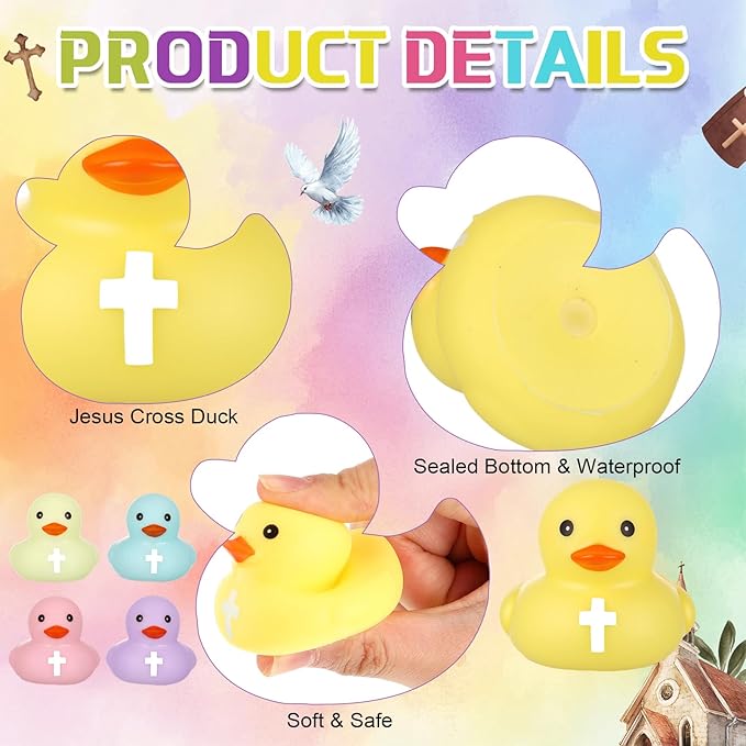 Christian Rubber Duck with Cross Pastel Jesus Duck Baby Bath Toy Religious Party Favors for Church Sunday School Gifts