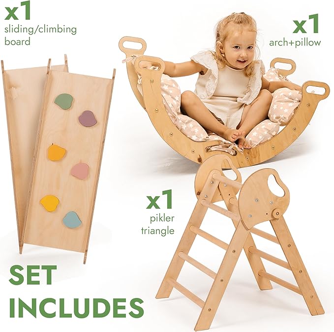 Goodevas 5-in-1 Toddler Climbing Toys Indoor Set - Pikler Triangle, Climbing Arch, Balance Cushion, Montessori Climbing Gym for Toddlers 1-3, Foldable Wooden Baby Activity Center, Jungle Gym for Kids
