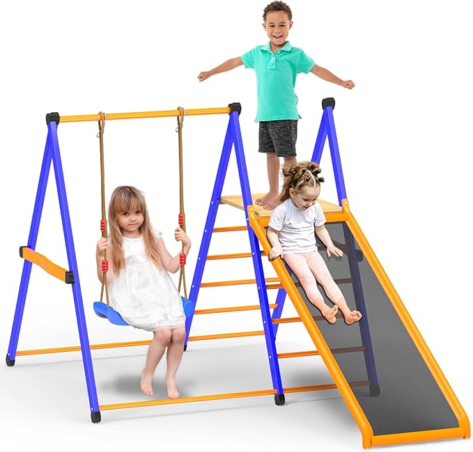 SPIDERCAMP Indoor Playground Toddler Jungle Gym 4-in-1 Indoor Jungle Gym for Kids,Indoor Climber Playset with Swing Indoor Slide,Sturdy Metal Kids Indoor Playset (S)