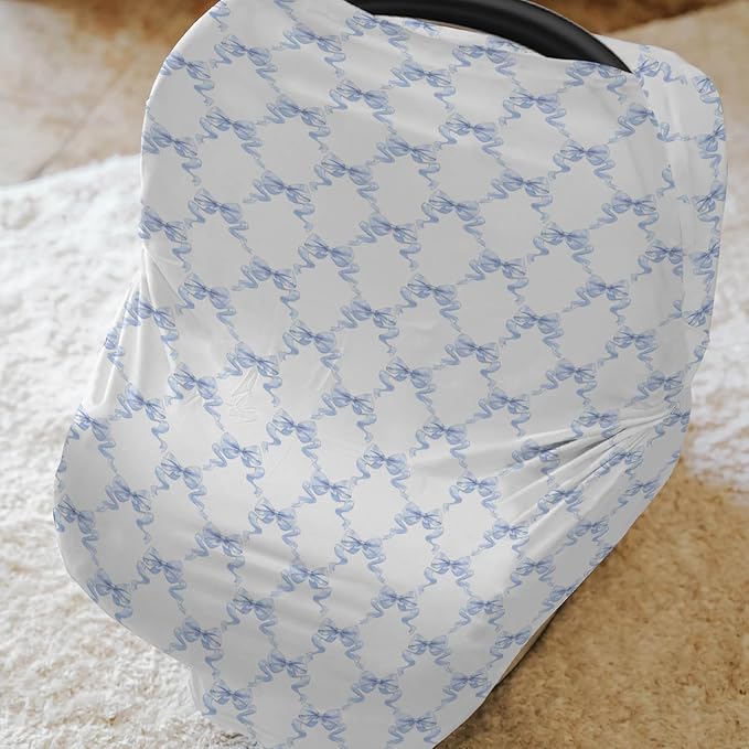 Blue Bows Ribbon Car Seats Cover for Babies Pastel Blue Ribbons Stretchy 5-in-1 Cover Adjustable Car Canopy Breastfeeding Cover Watercolor Bows Breathable Nursing Cover-Up