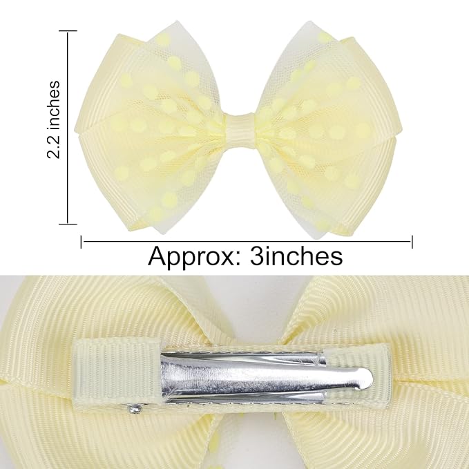 Tiny 3 Inch Dot Organza Double Hair Bow Clips - Cute Lined Boutique Alligator Hairpin for Girls, Toddlers, and Little Teens - Kids Barrettes Set of 2 Small Stylish (Yellow)