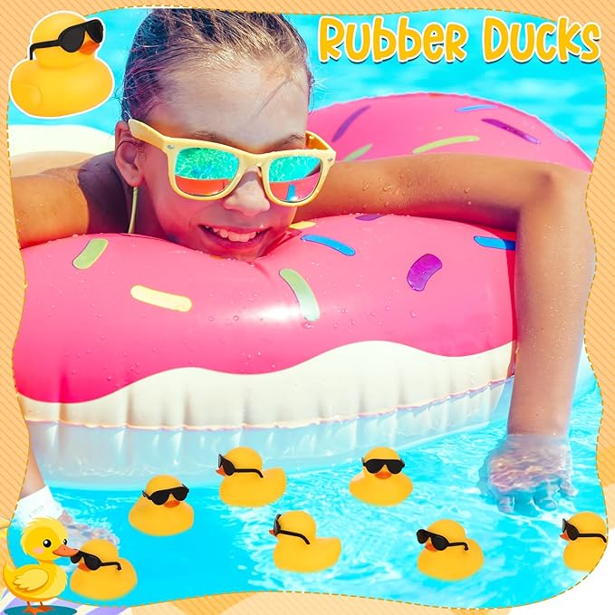 24 Set Mini Rubber Ducks with Sunglasses, Tiny Rubber Ducks Bulk for Car Dashboard Decorations Cruise Birthday Party Favors (Yellow)