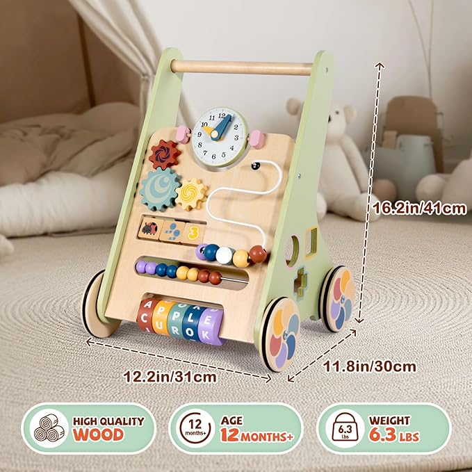 BAUTIA Wooden Baby Walker for 12 Months, Montessori Walker Push Toy for Toddlers Learning to Walk, Push Walker Baby Activity Center for Boys and Girls