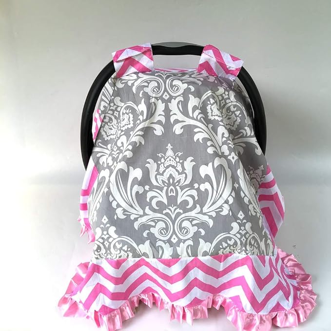 Rosy Kids Infant Carseat Canopy Cover 1pc Wind Proof Baby Car Seat Cover, Sunshade Cover, Boys and Girls, Fits Any Baby Car Seat, Baby Pink Chevron Grey Damask