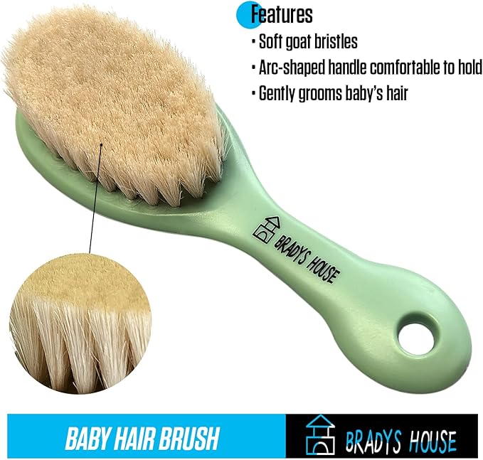 BRADYS HOUSE - 3 Piece Baby Hair Brush & Comb Set for Newborns- Soft Goat Bristle Hair-Brush, Silicone Bath Brush and Plastic Comb for Infant, Toddler, Kids - Baby
